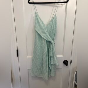 NWT Alice+Olivia silk mint green Katie faux wrap polka dot mini dress size 14